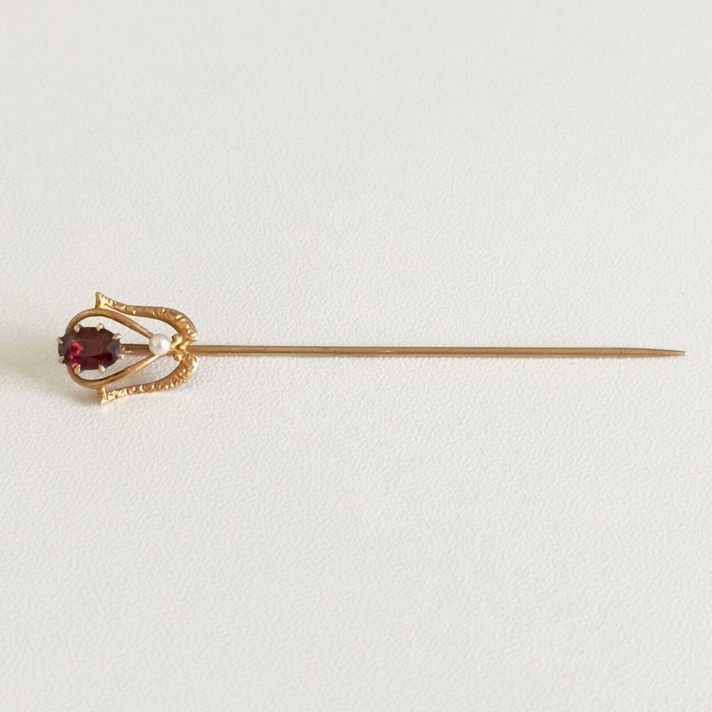 Antique 14k Yellow Gold Garnet Seed Pearl Stick Pin - Picture 2 of 13